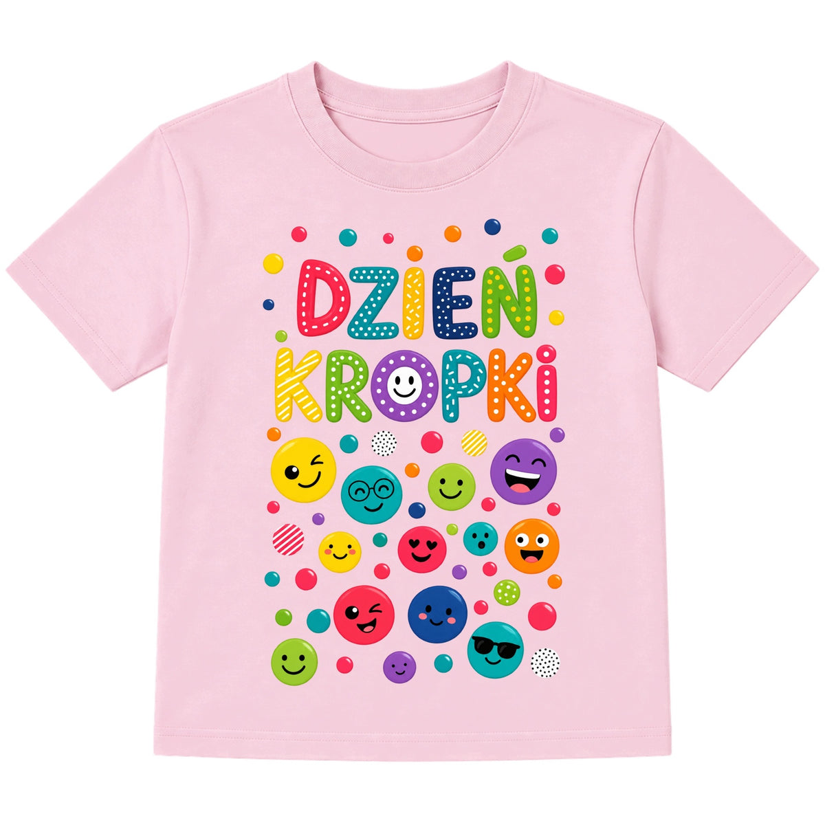 Koszulka na Dzień Kropki – kolorowy napis z buźkami – różowy