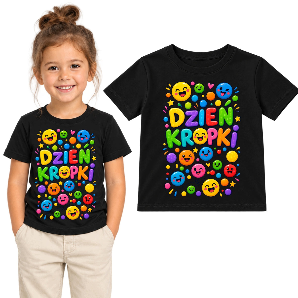 Koszulka na Dzień Kropki – kolorowe kropki – czarny