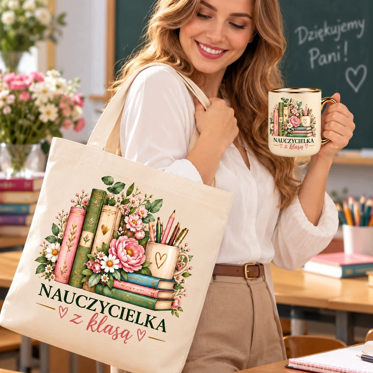 Zestaw dla nauczycielki: kubek + torba – „Nauczycielka z klasą”