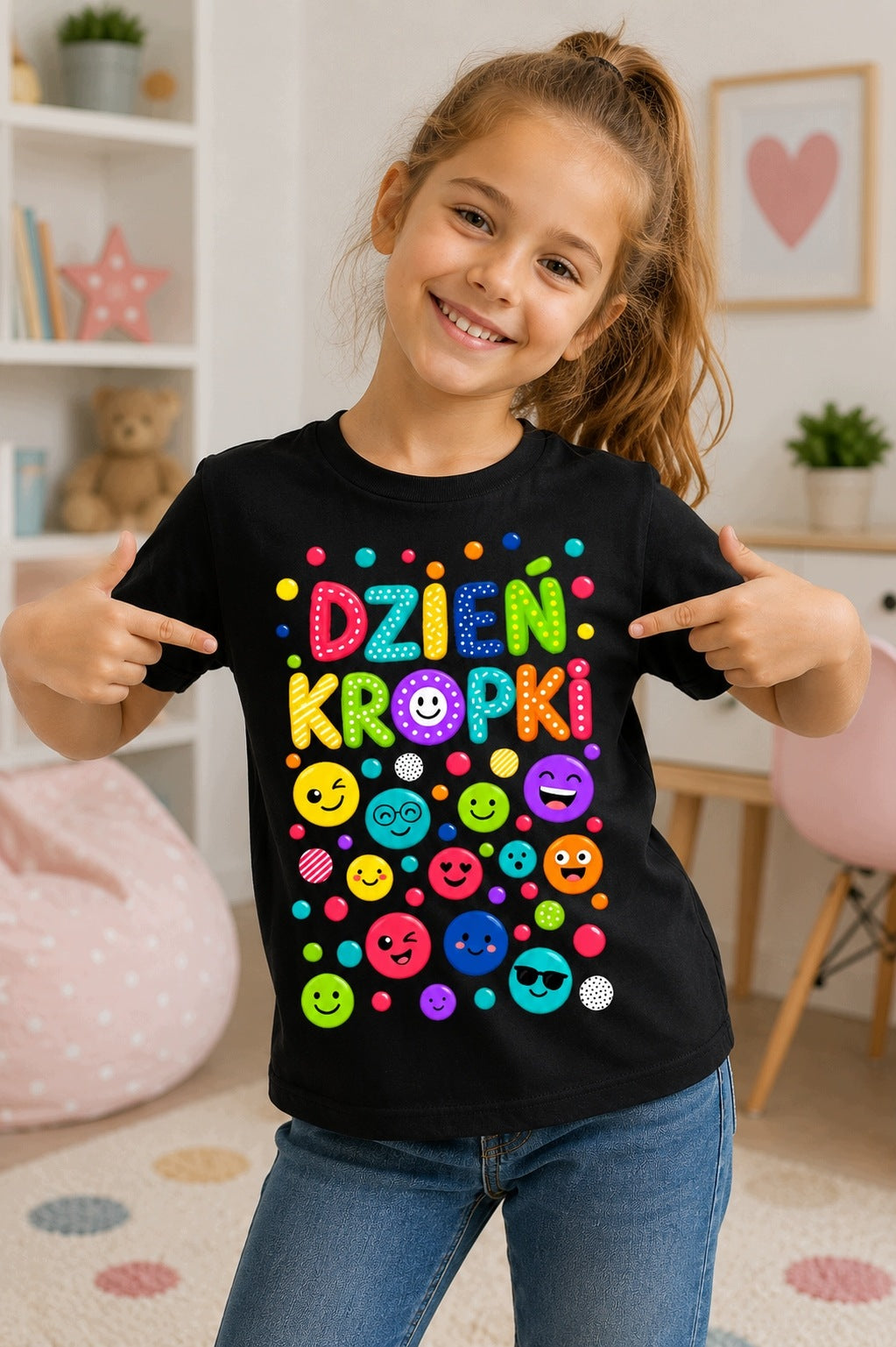 Koszulka na Dzień Kropki – kolorowy napis z buźkami – czarny