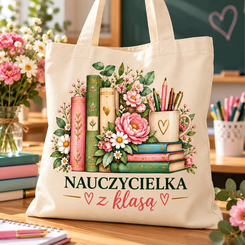 Zestaw dla nauczycielki: kubek + torba – „Nauczycielka z klasą”