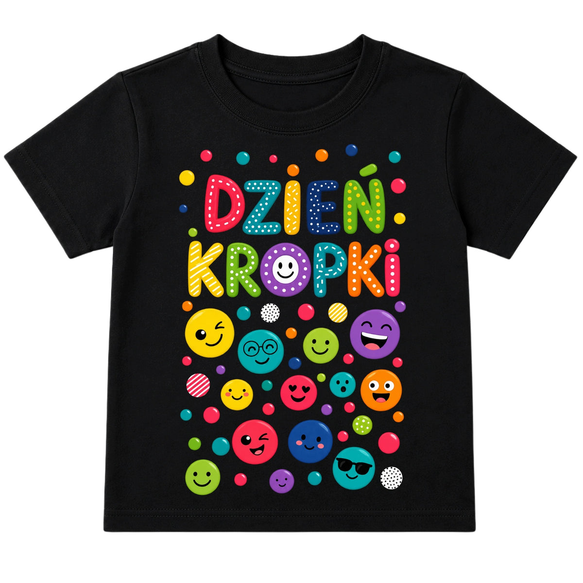 Koszulka na Dzień Kropki – kolorowy napis z buźkami – czarny