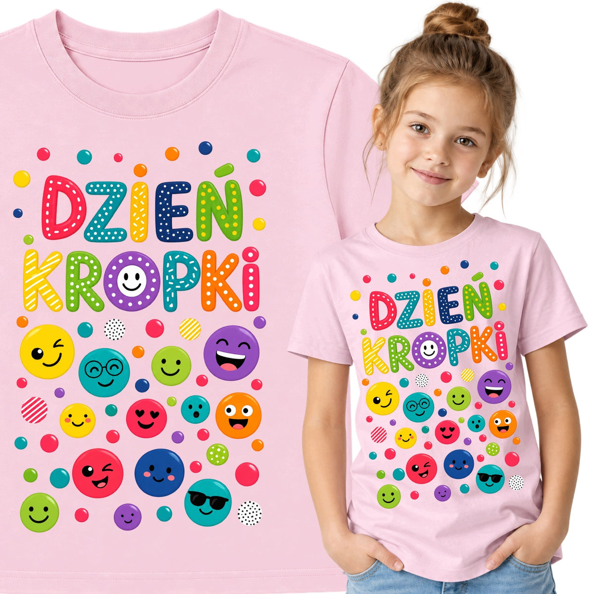 Koszulka na Dzień Kropki – kolorowy napis z buźkami – różowy