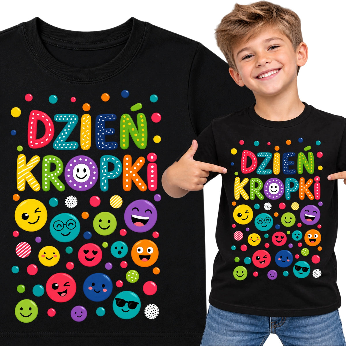 Koszulka na Dzień Kropki – kolorowy napis z buźkami – czarny