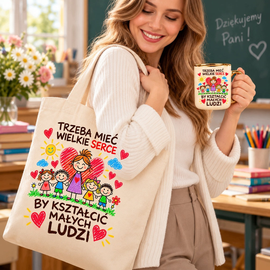 Zestaw dla nauczyciela: kubek + torba – „Trzeba mieć wielkie serce”